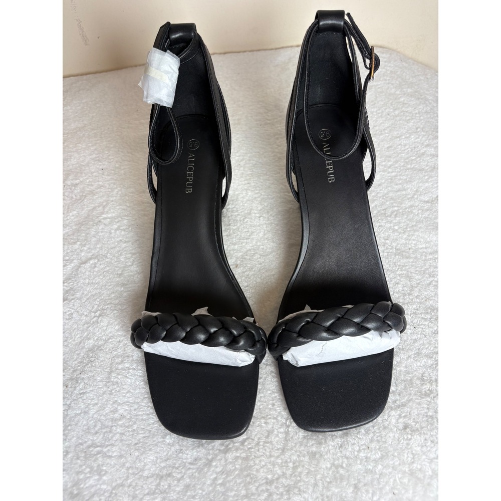 Alicepub Black Braided Block Heel Sandals Square Toe Ankle Strap Size 9.5 HX2301